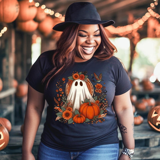 Boho Pumpkin Floral Ghost   Graphic Tee