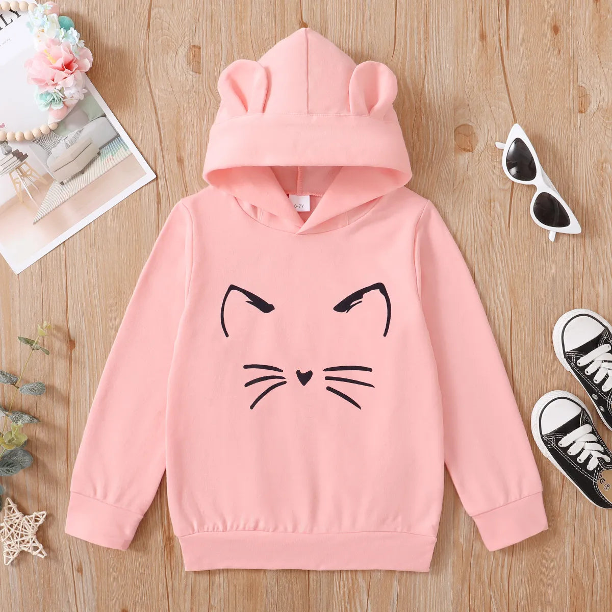 Kid Girl Cat Print Ear Design Solid Hoodie Sweatshirt