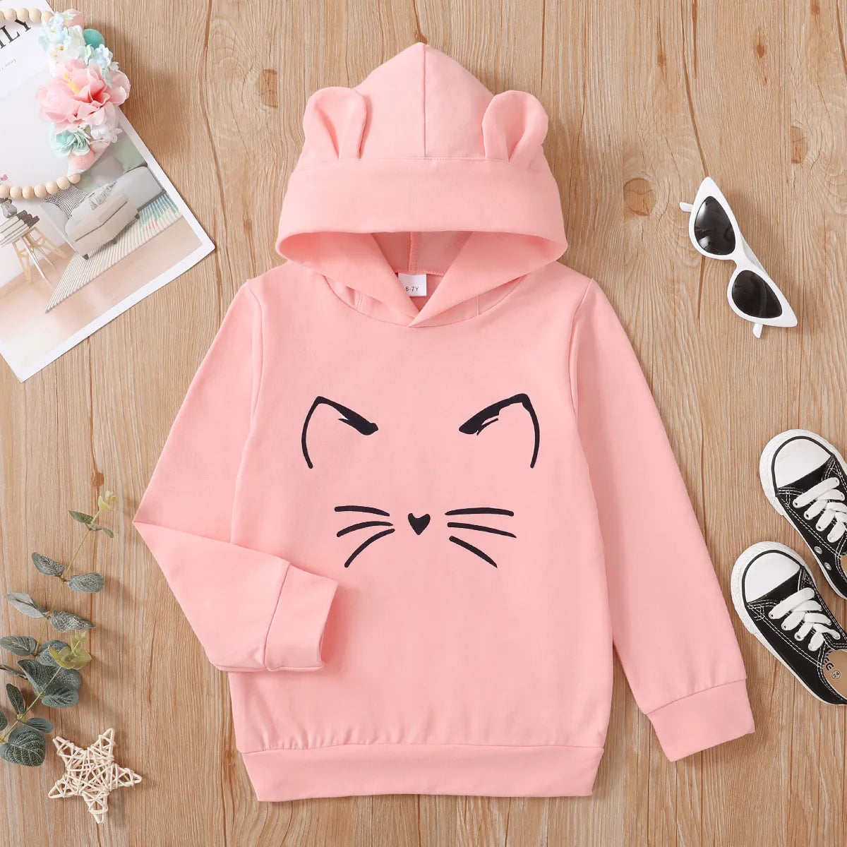 Kid Girl Cat Print Ear Design Solid Hoodie Sweatshirt