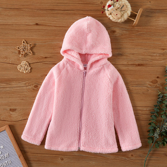 Kids Solid Color Zipper Fuzzy Hoodies