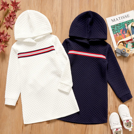 Kid Girl Striped Textured Long-sleeve Hooded Sweatshirt Dress