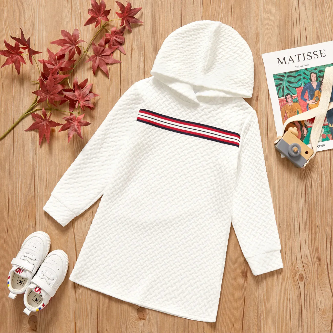 Kid Girl Striped Textured Long-sleeve Hooded Sweatshirt Dress