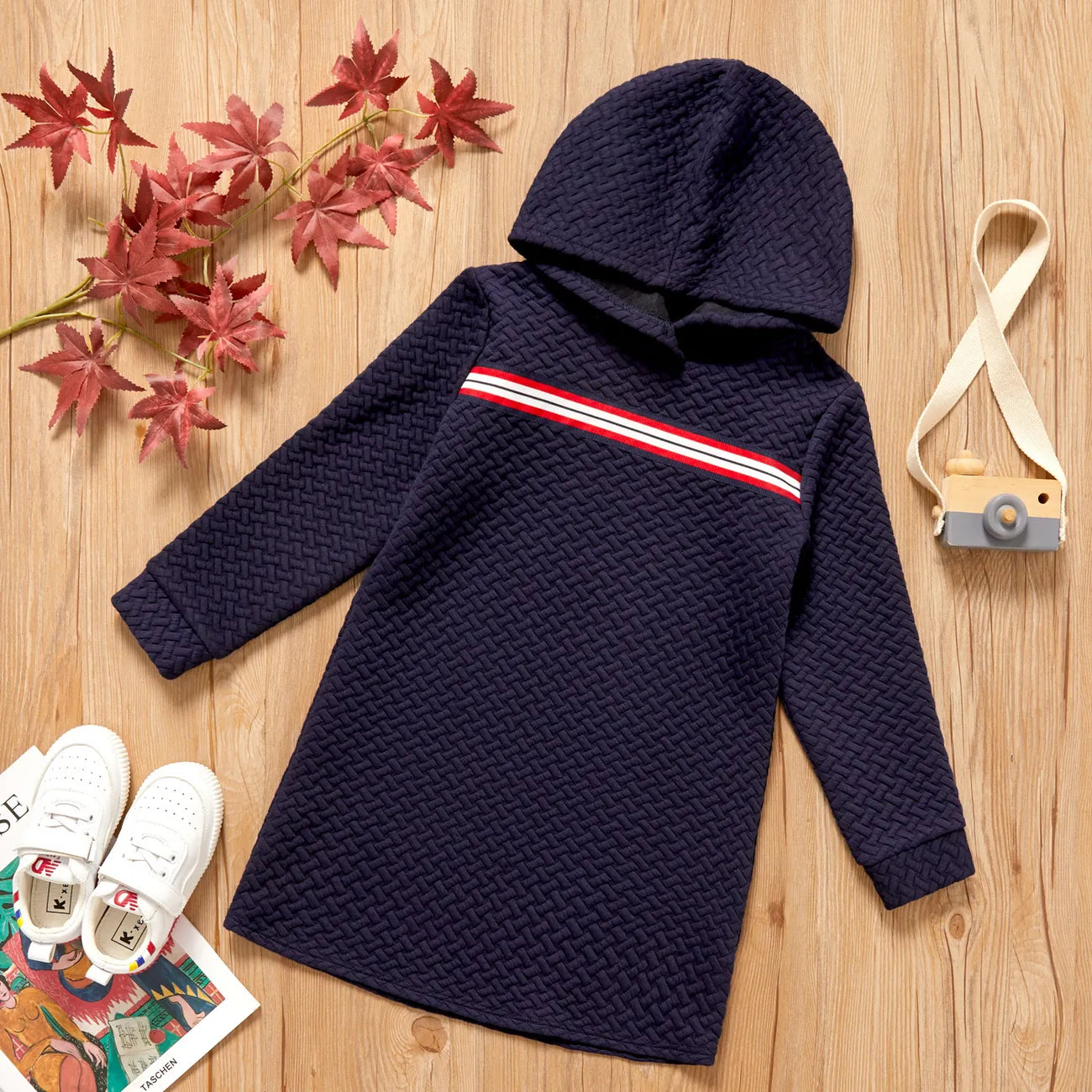 Kid Girl Striped Textured Long-sleeve Hooded Sweatshirt Dress