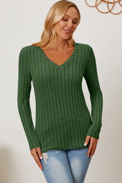 Basic Bae Full Size Ribbed V-Neck Long Sleeve T-Shirt