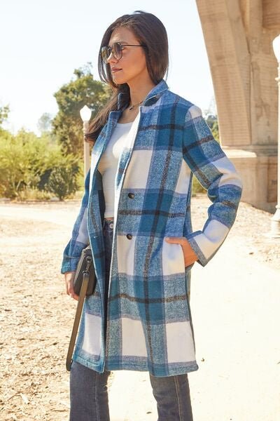 Double Take Full Size Plaid Button Up Lapel Collar Coat - Jamofy Home