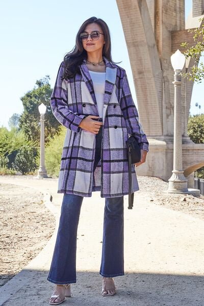 Double Take Full Size Plaid Button Up Lapel Collar Coat - Jamofy Home