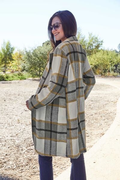 Double Take Full Size Plaid Button Up Lapel Collar Coat - Jamofy Home