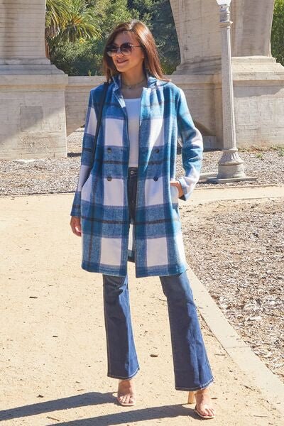 Double Take Full Size Plaid Button Up Lapel Collar Coat - Jamofy Home