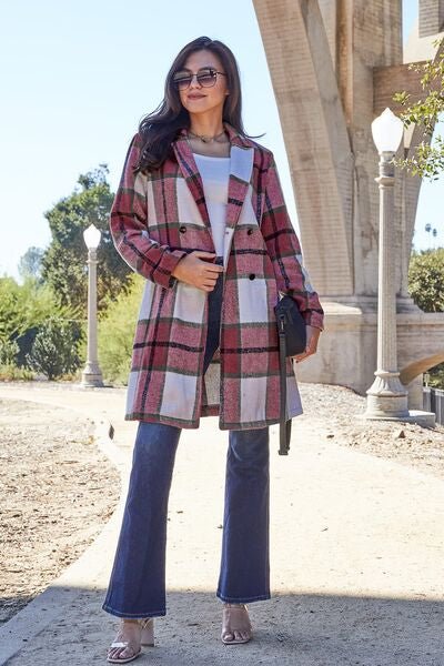 Double Take Full Size Plaid Button Up Lapel Collar Coat - Jamofy Home