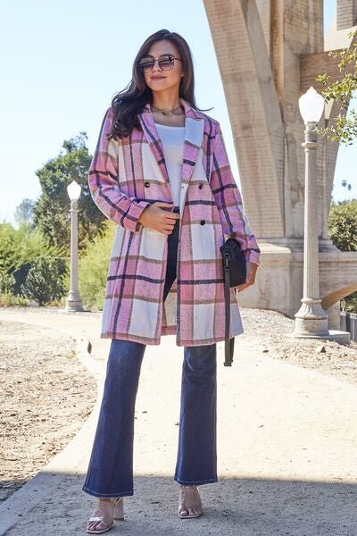 Double Take Full Size Plaid Button Up Lapel Collar Coat - Jamofy Home