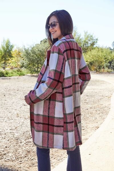 Double Take Full Size Plaid Button Up Lapel Collar Coat - Jamofy Home