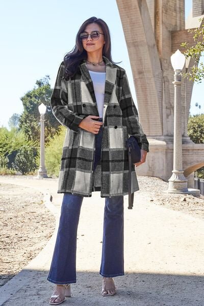 Double Take Full Size Plaid Button Up Lapel Collar Coat - Jamofy Home