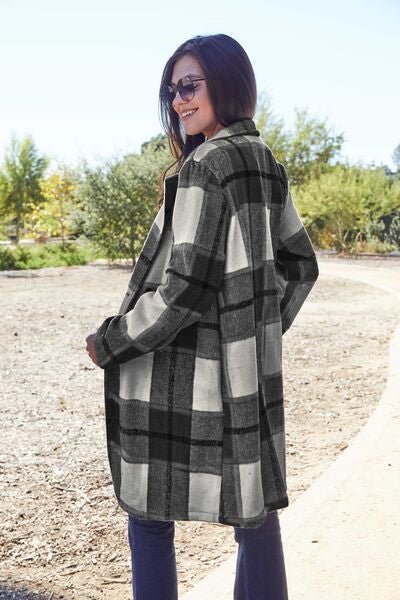 Double Take Full Size Plaid Button Up Lapel Collar Coat - Jamofy Home