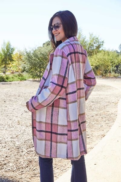 Double Take Full Size Plaid Button Up Lapel Collar Coat - Jamofy Home